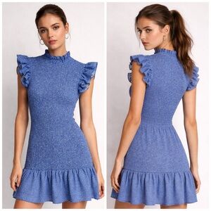 French Connection Elao Verona Printed Smocked Ruffle Dress in Blue